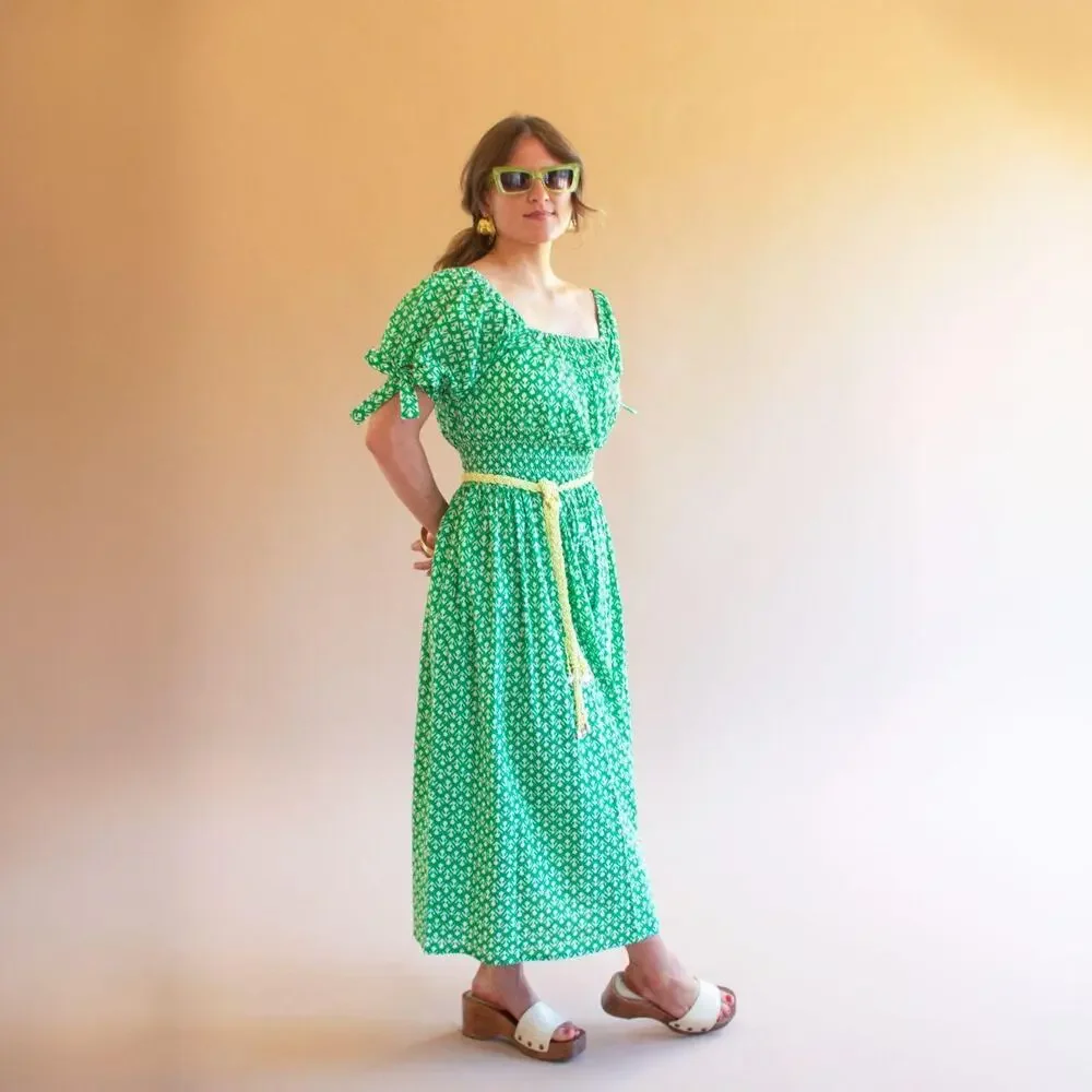 Green Printed Off-Shoulder Midi Dress | Smocked Waist Boho Dress - Picture 3 of 5